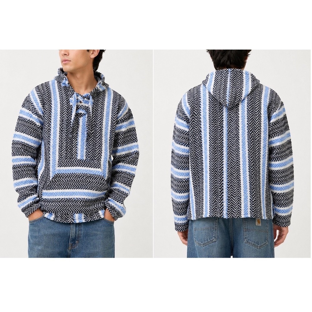 Earth Ragz Baja Hoodie Men Medium Blue Black White Striped Mexican Baja Pullover